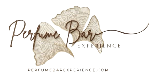 3D logo for Perfume Bar Experience featuring ginkgo biloba leaves in brown and soft gold tones