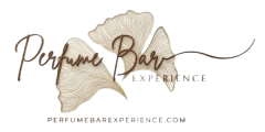 3D logo for Perfume Bar Experience featuring ginkgo biloba leaves in brown and soft gold tones
